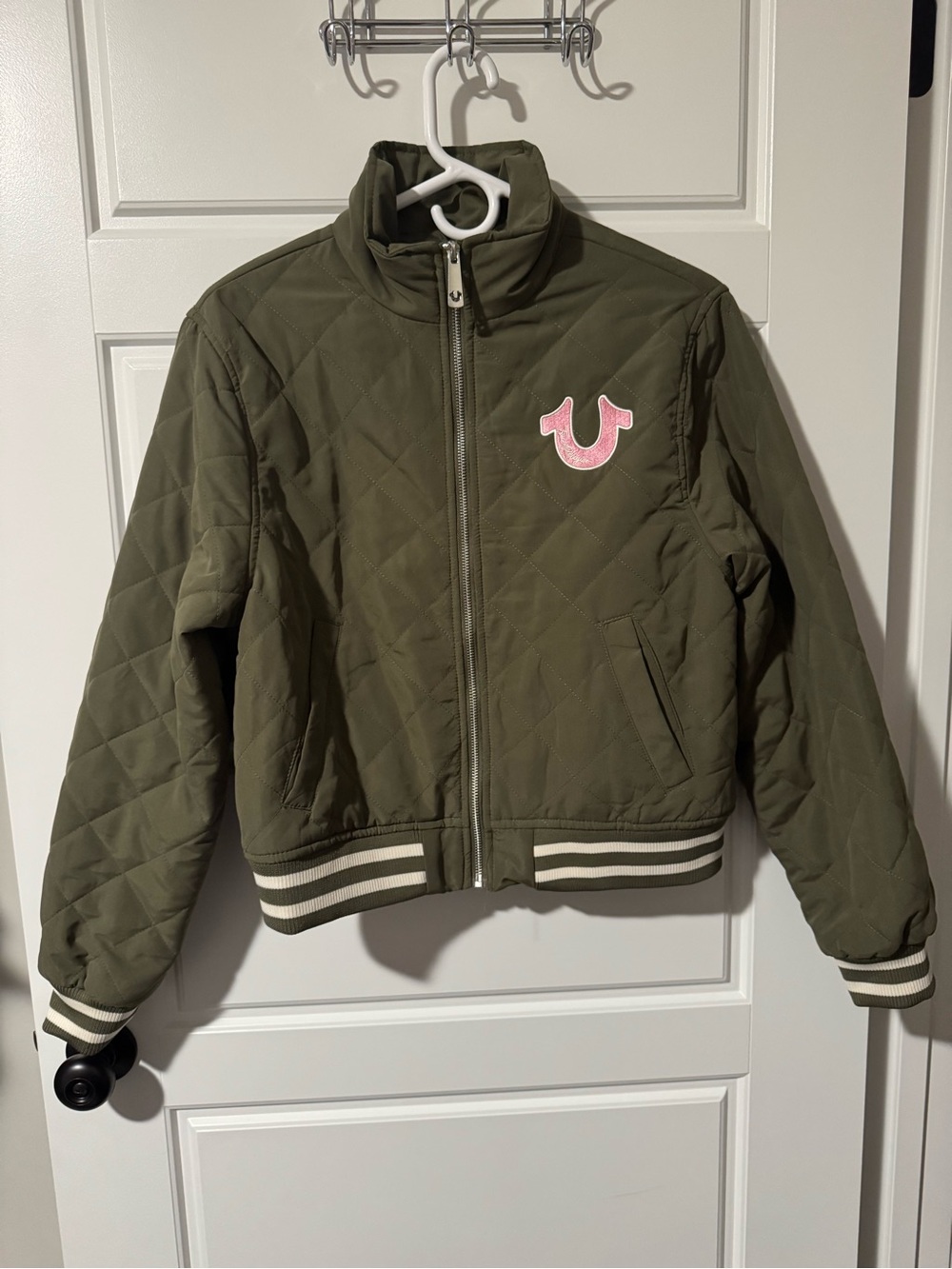 NWT True Religion Quilted Bomber Jacket, Olive Green, Size Medium